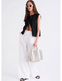 Resim Mixray 4286 Kadın Bol Paça Beli Lastikli Müslin Palazzo Pantolon Beyaz 