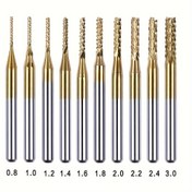 Resim 10 adet 0.8-3mm Titanyum Kaplamalı Oyma Freze Ucu Karbür Uçlar, 1/8'' Saplı Döner Aletler için 
