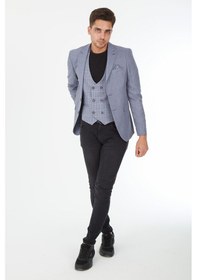 Resim Sposo 5139 Ekose Yelekli Dar Kalıp Gri Erkek Blazer Ceket Gri 