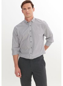 Resim Erkek Hakı Pamuklu Comfort Fit Rahat Kesim Düğmeli Yaka Çizgili Gömlek Haki 
