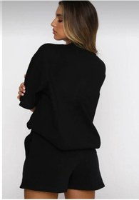 Resim LAND MODA Pusula Baskılı Siyah Şort Beyaz Tişört Alt Üst Eşofman Takımı Oversize Bisiklet Yaka 