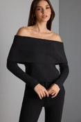 Resim Bardot Yaka Siyah Triko Kazak 