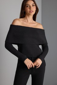 Resim Bardot Yaka Siyah Triko Kazak 
