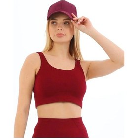 Resim Carlburn Özel Üretim Göğüs Toparlayıcı Sarkma Önleyen Spor Günlük Kalın Askılı Pedli Fitilli Crop Büstiyer Bordo 
