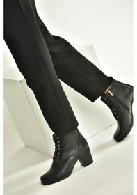 Resim Fox Shoes V468281603 Siyah Hakiki Deri Kalın Topuklu Bağcıklı Kadın Bot Siyah 