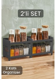 Resim 2'li Çift Katlı Mutfak Tezgah Üstü Rafı Çok Amaçlı Dolap Baharatlık Düzenleme Organizeri Antrasit 