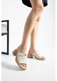 Resim Dericia Shoes Radiance Hakiki Deri Kadın Günlük Rahat Topuklu Terlik Bej 