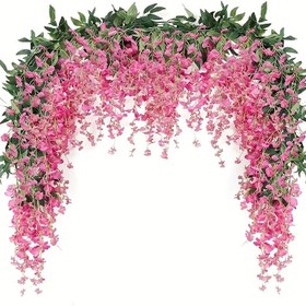 Resim Pembe çiçeklerle ve yeşil yapraklarla yapay Wisteria garsoni - İç/Dış Mekan Düğünleri, Duvar Dekoru ve Yatak Odası Detayları için mükemmel, Düğün Dekorasyonları 