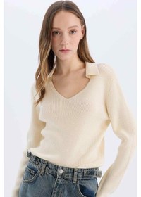 Resim DeFacto Coool Slim Fit Dar Kesim Polo Yaka Crop Triko Kazak X4929AZ25SPER103 Ekru 