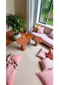 Resim Simillo Ahşap Mantar Sehpa 3 Lü Fındık Renk Doğal Zigon Fiskos Takımı Kahverengi 