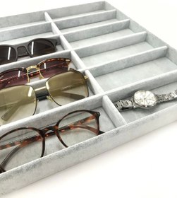 Resim MeGass Dekor Yerli Üretim Havana Model Süet Kumaş Gri Renk 38 Cm / 36 Cm Gözlük Sergileme Çekmece Içi Stand 