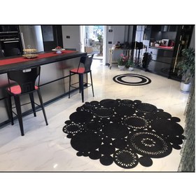 Resim TurQhouse Macaron Jüt Örme Kilim Doğal Hasır Yuvarlak Siyah Çift Taraflı Halı 