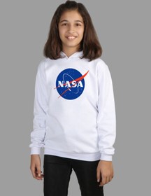 Resim Raf Coll Çocuk Beyaz Kapşonlu Sweatshirt Nasa Dijital Baskılı Iki Iplik Içi Şardonlu 