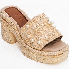 Resim Luvishoes Luvi Shoes Rayne Bej Hasır İncili Kadın Platform Topuklu Terlik Bej 