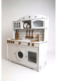 Resim Beyaz Boyalı Ahşap Oyuncak Mutfak Servis Seti 