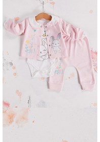 Resim Tavşan Desenli Çiçekli 3'lü Hırkalı Kız Bebek Takım Pembe 