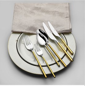 Resim Nehir Gloria Altın Sade 12 Kişilik 84 Parça Kutulu Çatal Kaşık Bıçak Takımı Altın - Beyaz 