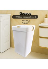 Resim Gold Tekli Dokunmatik Çamaşır Sepeti Çöp Kovası Temizlik Kovası Kirli Sepet 40 Litre-mt008 Beyaz 