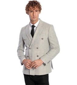 Resim Geniş Yaka Çizgili Kruvaze Gri Yün Erkek Ceket Taba 