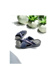 Resim Gezer Çapraz Tasarım Deri İç Taban Ev Ve Dışarı Terliği Lacivert 