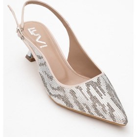 Resim Luvi Shoes Ushes Bej Saten Taşlı Kadın Kısa Topuklu Abiye Ayakkabı Bej 
