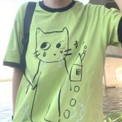 Resim Kadınlar İçin Y2K Retro Kore Modası Tişört - Sevimli Ağlayan Kedi Desenli, Parlak Limon Yeşili Minimalist Çizgili, Hafif Günlük Sokak Giyimi Parti ve Stil Üstü, Yazlık Rahat Tişört, Geometrik Baskılı, Şeffaf Olmayan Kumaş 