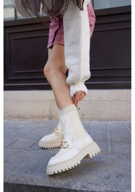 Resim Mickey Bej Hakiki Deri Kalın Tabanlı Kadın Bot-bej Bej 