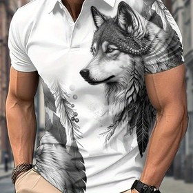Resim Erkekler için Yazlık Kısa Kollu Polo Gömlek, Rahat 3D Baskılı Kurt Tasarımı, Spor Stil, Yaz için Mükemmel. 
