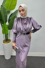 Resim Tesettür Diyarı Çapraz Kesim Kemerli Kadife Tesettür Abiye- Lila 