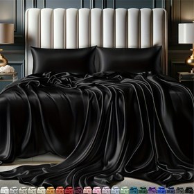 Resim 4 parça lüks saten çarşaf seti - 1 fitil çarşaf + 1 düz çarşaf + 2 yastık kılıfı (yastık içi hariç) Yumuşak ve ipeksi Derin cep tasarımı Her mevsim rahat Ev, yatak odası ve otel için uygun 
