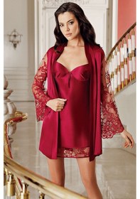 Resim İmaj 4215 Kadın Bordo Set Saten Dantelli Sabahlıklı Gecelik Takım Bordo 
