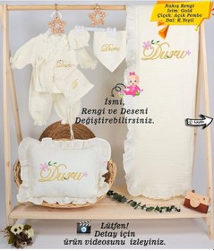 Resim Gros Shop Yeni Doğan %100 Pamuk Müslin Hastane Çıkış Mevlüt Seti-takı Yastık Kişiye Özgü İsimli Nakış Desenli Ekru-1 