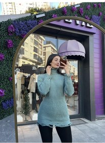 Resim Boğazlı Yırtık Detaylı Triko Kazak- Yeşil Renk-489 Yeşil 