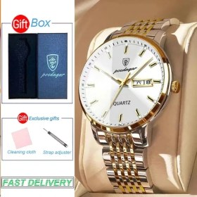 Resim Hanyang Altın Beyaz ve Kutu Poedagar Erkekler Için Lüks Bilek Saatler Marka Su Geçirmez Iş Paslanmaz Çelik Kuvars Izle Erkek Spor Takvim Aydınlık Saatler (Yurt Dışından) 