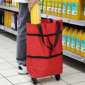 Resim Katlanabilir Büyük Kapasiteli Alışveriş Arabası Tekerlekli - Kırmızı, Dayanıklı Plastik, Sızdırmaz, Çok Bölmeli Alışveriş Arabası, Katlanabilir 