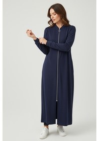 Resim Kadın Önü Fermuarlı Kolu Manşetli Gizli Cepli Mevsimlik Kap Lacivert 