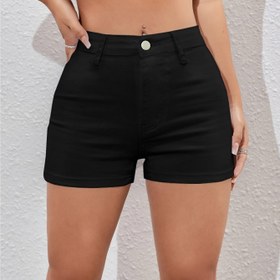 Resim Kadınlar için Esnek Kot Şortlar - Siyah, Yüksek Bel, Uyluk Boyu, Yırtmaçlı Cepler, Fermuarlı Kapatma, Pamuk/Polyester Karışımı, Sokak Stili, Makinede Yıkanabilir, Yüksek Bel Şortlar 