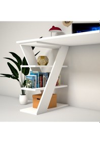 Resim Emkawood Emkawood Cross Masif Ayaklı Raflı Beyaz Çalışma Masası 