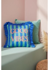 Resim Good Vibes Fırfırlı Dekoratif Kırlent Kılıfı Mavi 