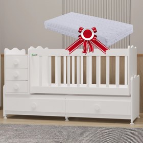 Resim Garaj Home Melina 5 Çekmeceli Büyüyen MDF Çıtalı Beşik + Yatak - Beyaz 