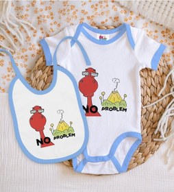Resim Bk Kids No Problem Tasarımlı Mavi Bebek Body Zıbın Ve Mama Önlüğü Çok Renkli 