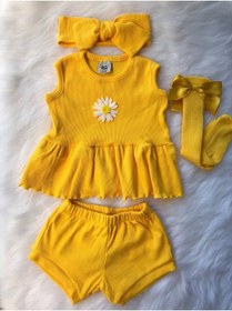 Resim ŞAPKAKİDS Kız Bebek Ribana Hardal Sarı Papatya Desen Alt Üst Takım 