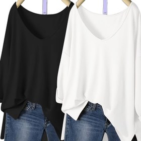 Resim Kadınlar için Rahat Yazlık T-Shirt Seti - Siyah ve Beyaz V-Yaka, Kısa Sırt, Uzun Ön, Bol Kesim, Yüksek Esneklikli Kumaş, Kısa Kollu Üstler ile Kotlar, Rahat Kıyafetler|Vneck T-shirt|Esnek Kumaş 
