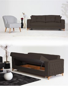 Resim Velura Home & Living Nola Koltuk Takımı 3+1 & Bazalı Yataklı Koltuk & Kanepe - Keten 