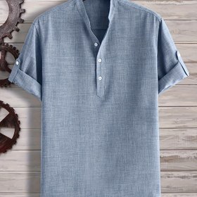 Resim Erkekler için Düz Renkli Henley Yaka Kısa Kollu Suni ve Keten Gömlek, BÜYÜK BEDEN 