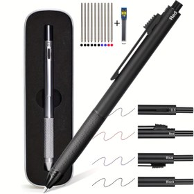 Resim 4'ü 1 Arada Çok Fonksiyonlu Kalem, 0.5mm Üç Renkli Tükenmez Kalem, Geri Çekilebilir Tükenmez Kalem ve Mekanik Kalem, Metal Kalem Tutucu, Siyah/Kırmızı/Mavi Dolumlar, Erkekler ve Sevgililer için Çok Renkli Noel Hediyesi 