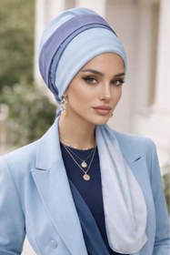 Resim Aişe tesettür Bebe Mavi Geçişli Hazır Fularlı Bone 