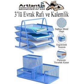 Resim Mavi Metal Evrak Rafı 3 Lü Ve Masaüstü Kalemlik 1 Paket Masaüstü A4 Dosya 3 Katlı Düzenleyici Kağıt Tepsisi Metal Mavi 