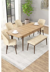 Resim Arel Meşe 80x132 Açılabilir Mdf Masa Yemek Odası Takımı, Mutfak Takımı 4 Adet Sandalye, 1 Bench Meşe Masa - 4+1 Krem - Ceviz Ayak 