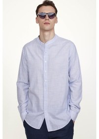 Resim Tudors Slim Fit Çizgili Hakim Yaka Pamuklu Ketenli Erkek Spor Gömlek-26917 Mavi 